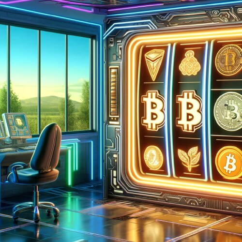 Crypto & bitcoin casino med slots i olika kryptovalutor i en modern lägenhet med natur utanför. 