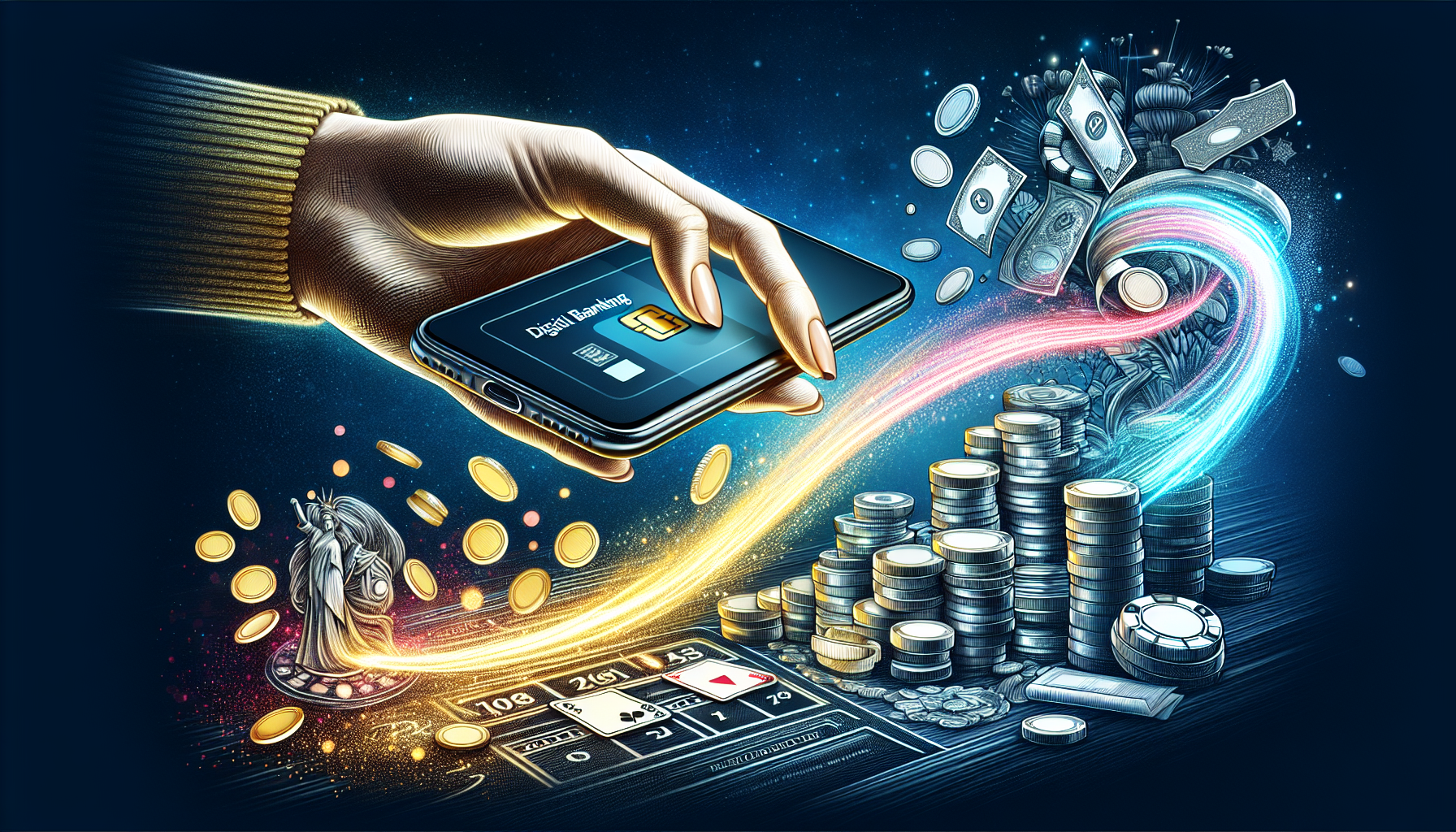 Illustration av en hand som tar ut pengar från ett casino till ett Revolut-konto
