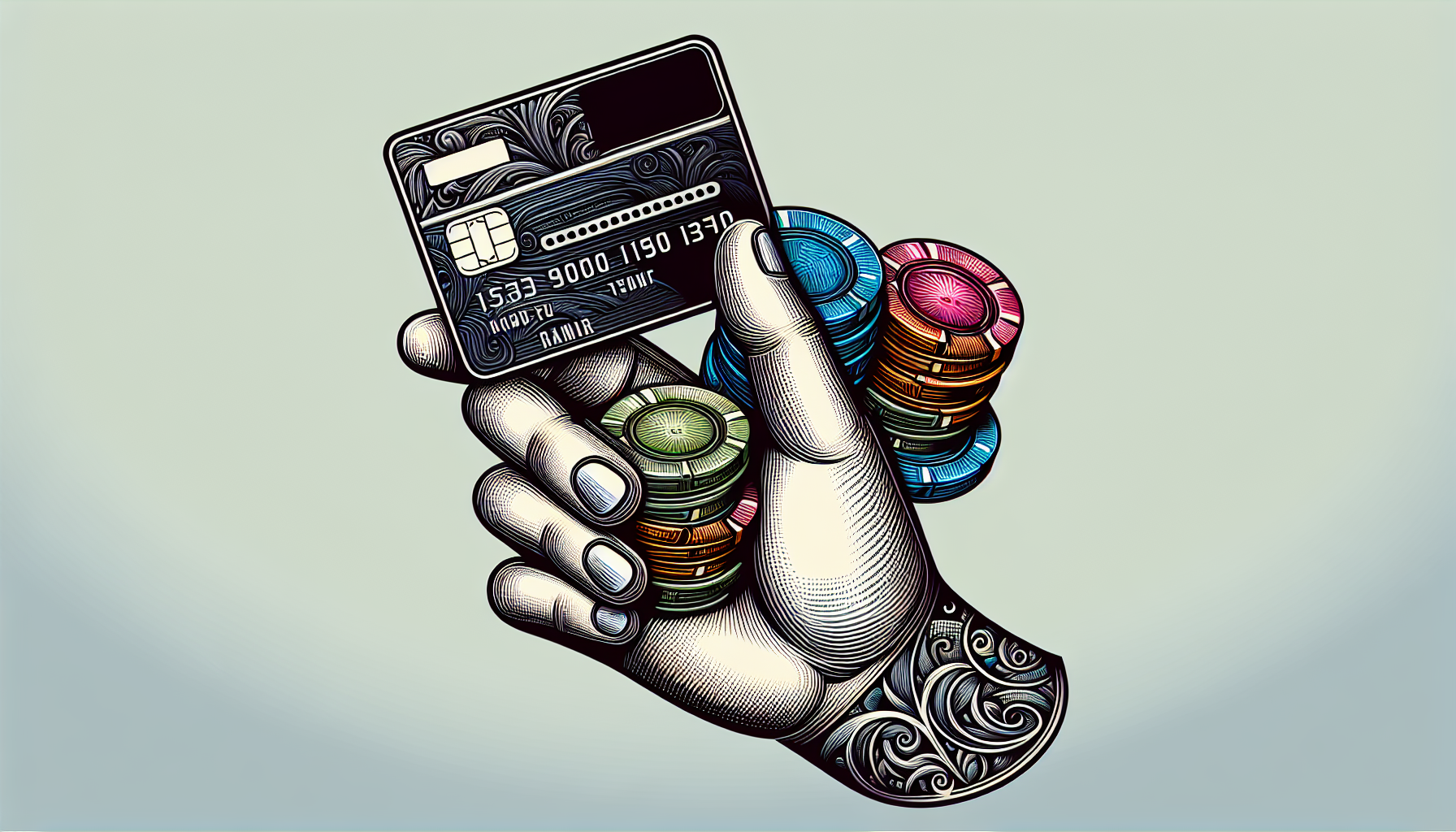 Illustration av en hand som håller ett Revolut-kort och spelmarker