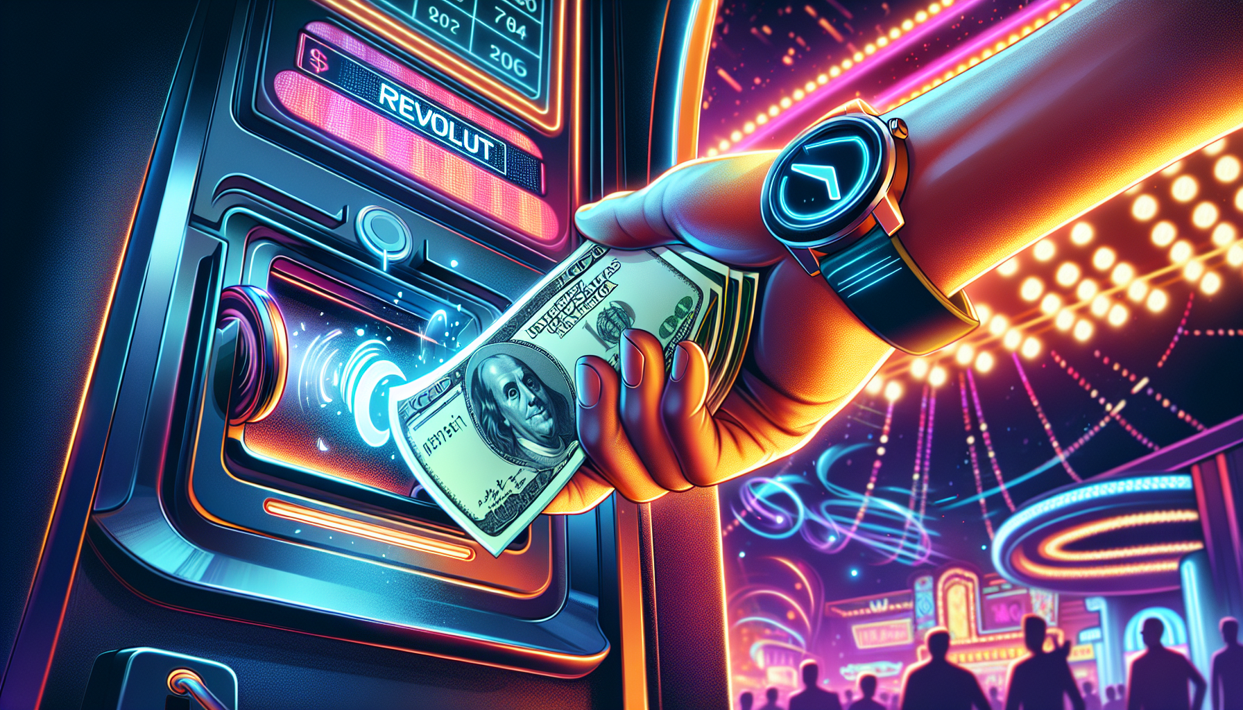 Illustration av en hand som sätter in pengar på ett casino med Revolut