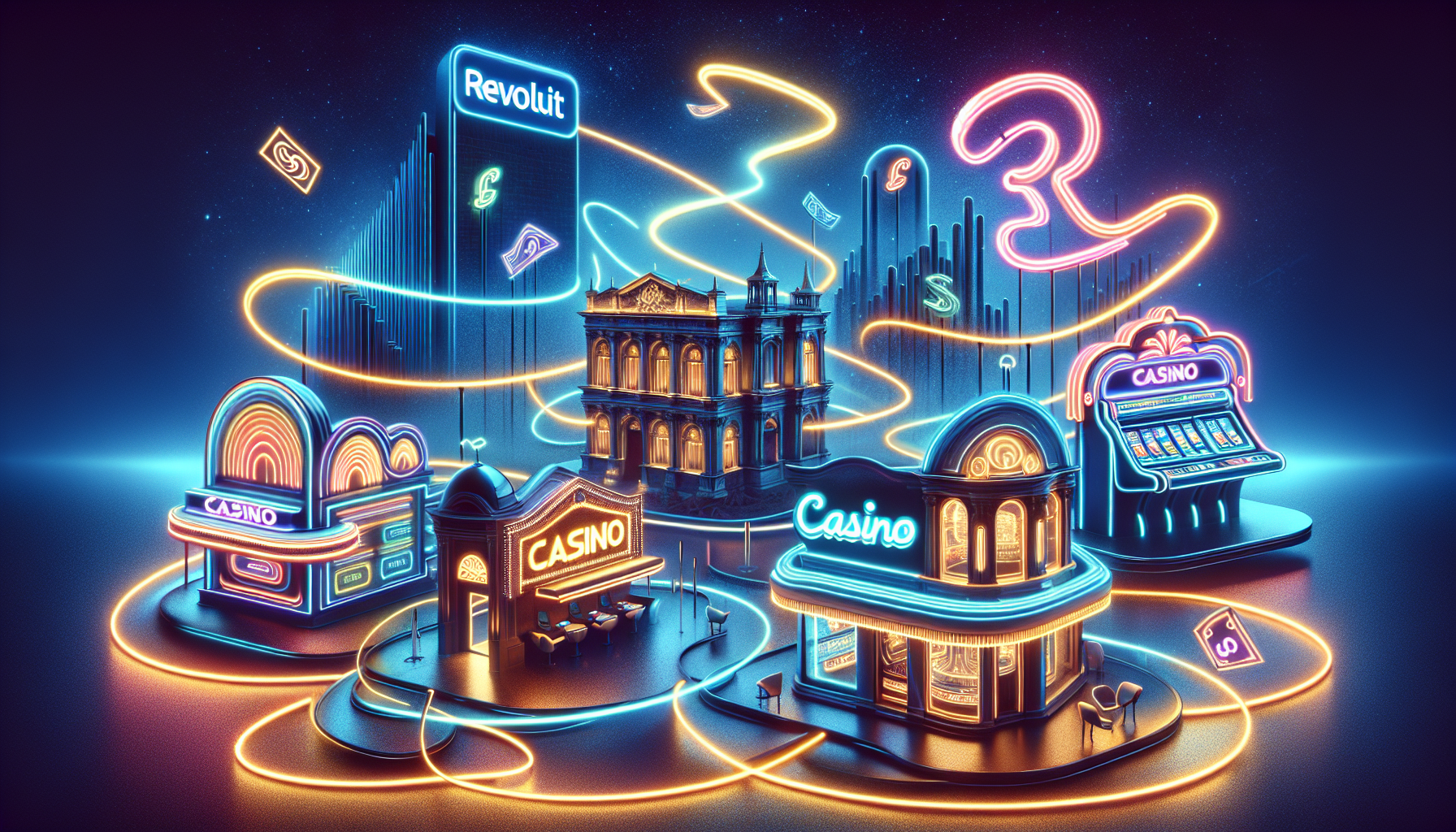 Illustration av olika casinon med Revolut-logotyper